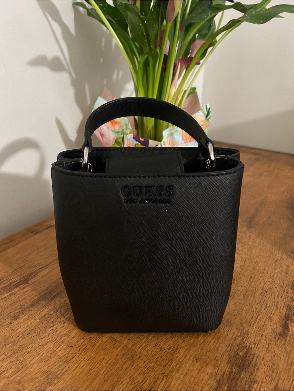 GUESS Black Mini Bucket Tote with Top Handle